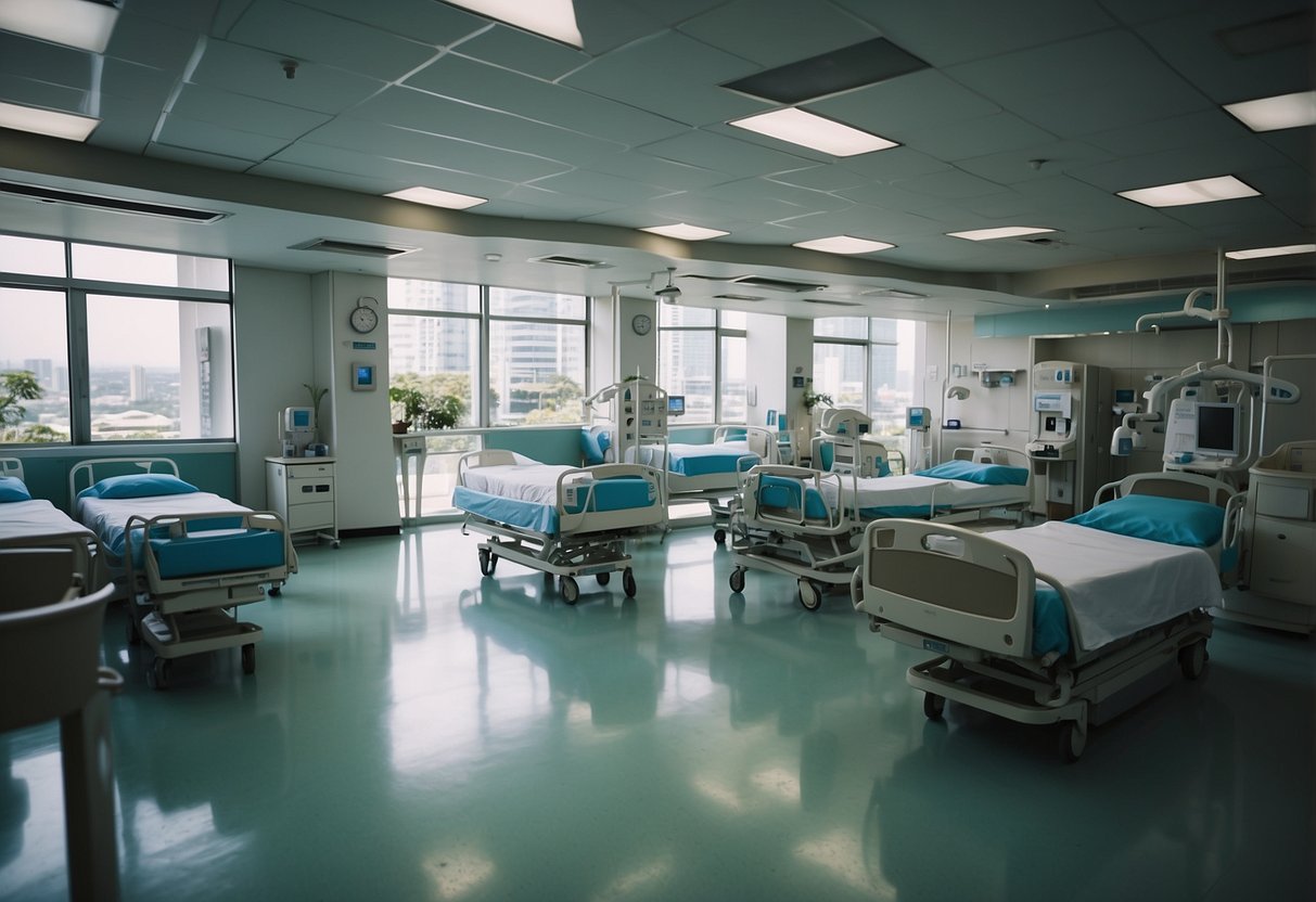 A bustling community hospital in Singapore, with modern facilities and a warm, inviting atmosphere