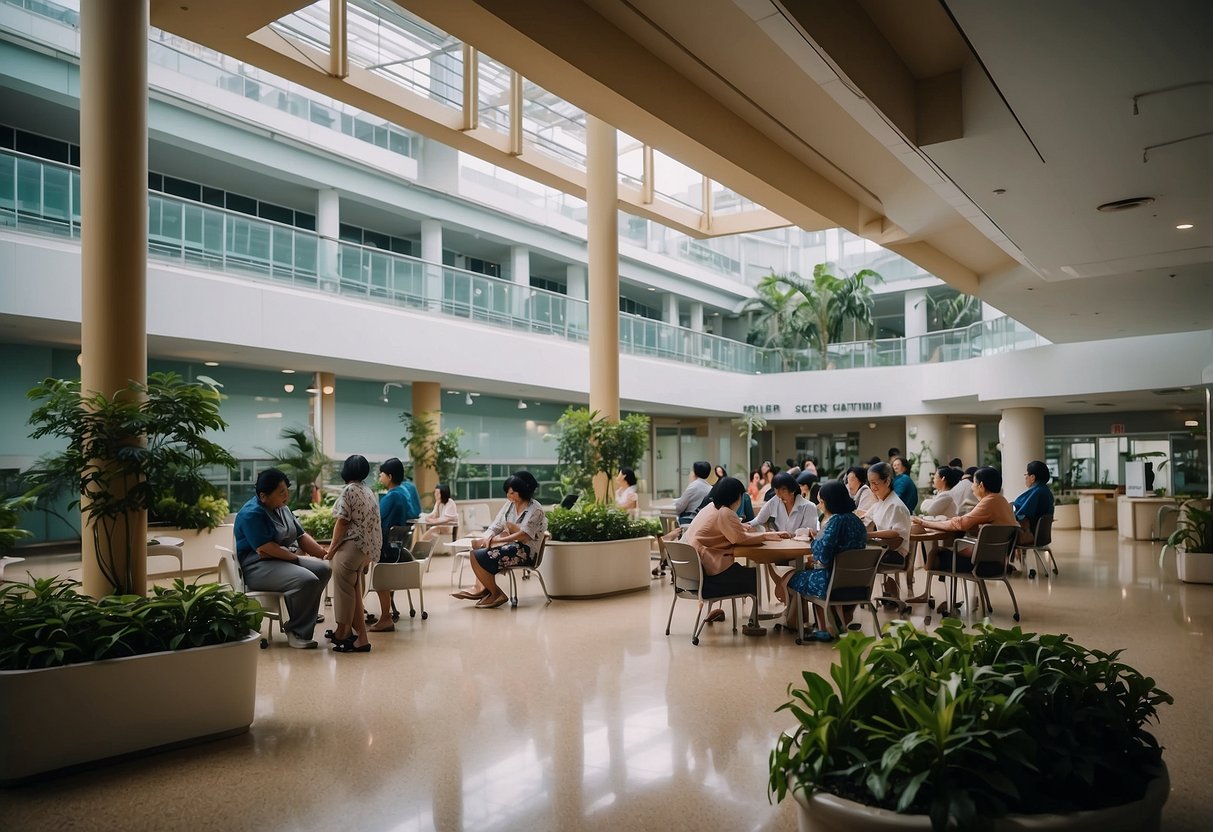 A bustling community hospital in Singapore, with patients receiving support and engaging in various activities to integrate into the community