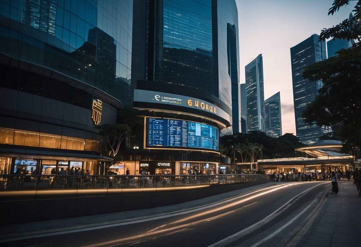 A bustling Singapore street lined with modern buildings, featuring prominent crypto exchange logos and digital screens displaying live trading data