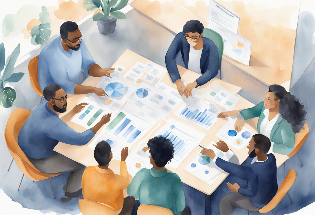 A group of diverse individuals collaborate around a table, exchanging ideas and making decisions. A chart displaying the company's achievements and goals hangs on the wall