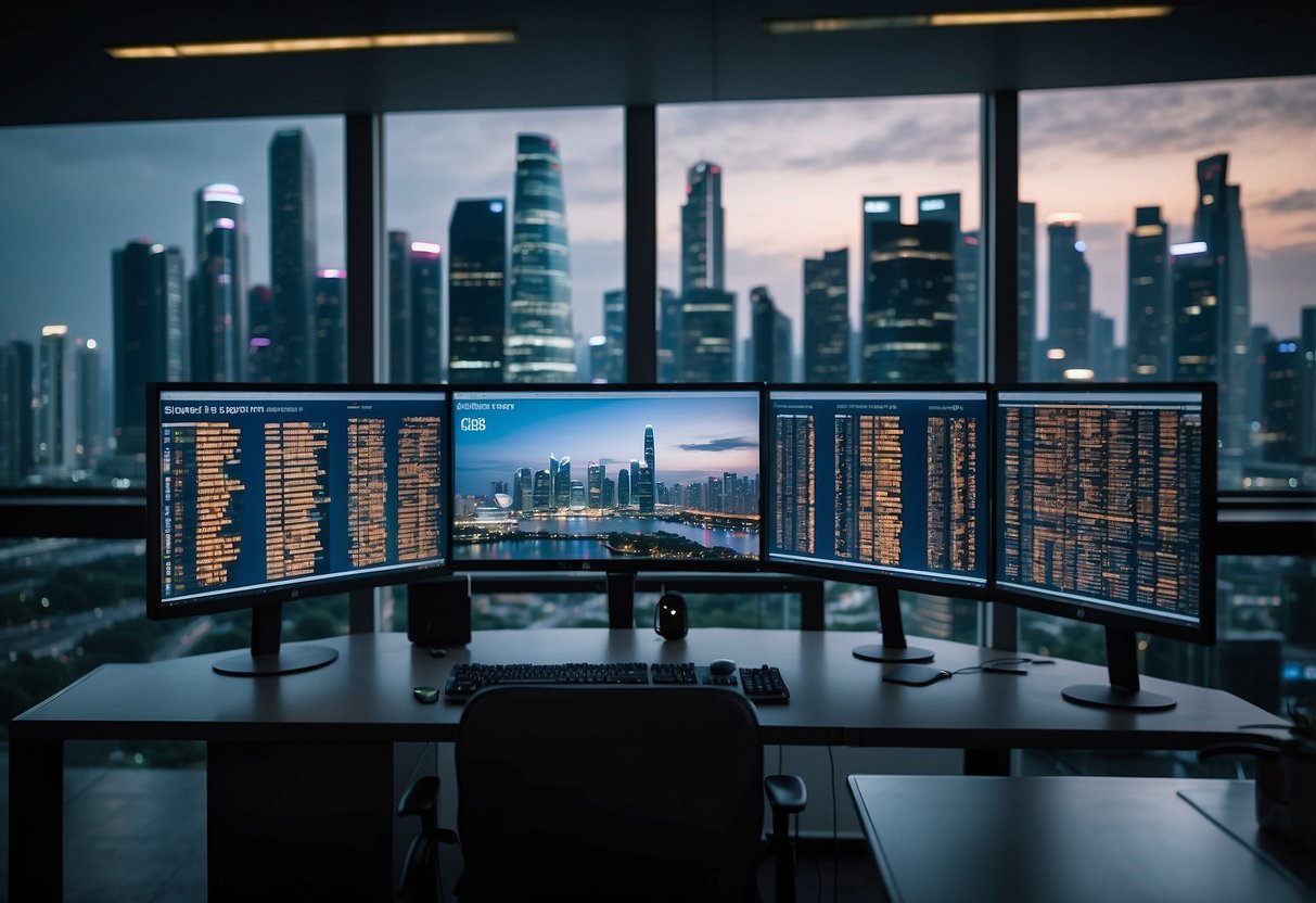 A bustling cityscape with iconic Singapore landmarks in the background, featuring modern office buildings and digital screens displaying cryptocurrency exchange rates