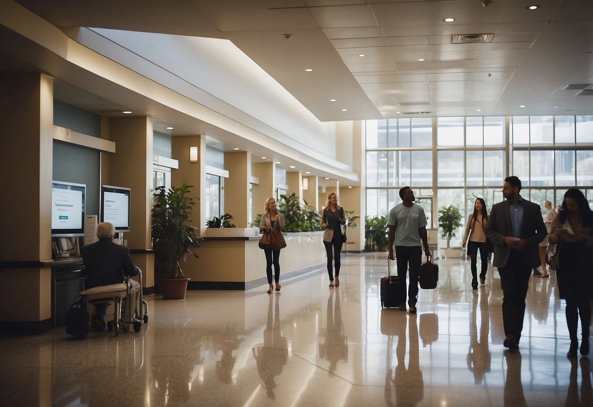 A bustling hospital lobby with people seeking information at a "Frequently Asked Questions" board. The hospital's logo prominently displayed