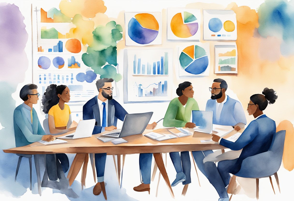 A group of diverse professionals collaborate around a table, brainstorming and strategizing for business excellence. Charts and graphs adorn the walls, conveying a sense of purpose and determination