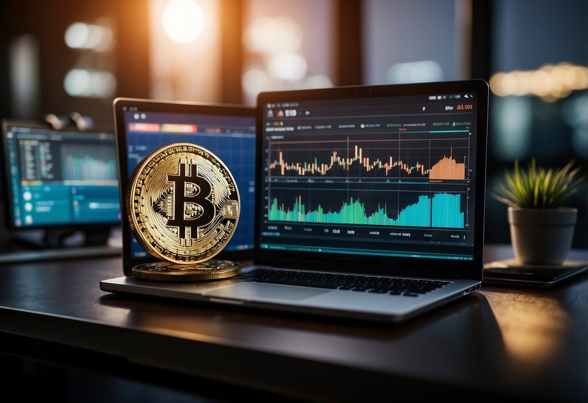 Various digital currencies being exchanged on Singaporean crypto platforms, with investment graphs and trading charts displayed on computer screens
