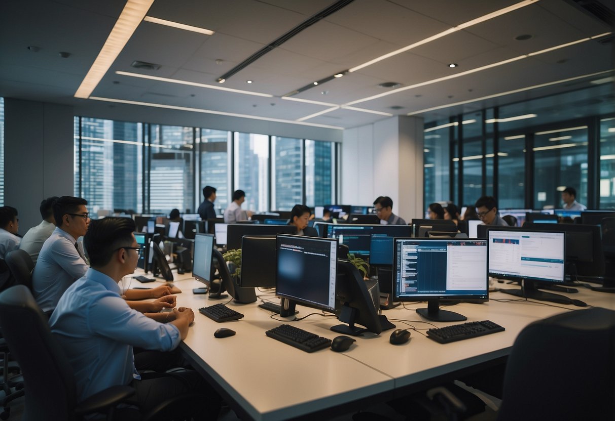 A bustling crypto exchange office in Singapore, with customers asking questions at the help desk and staff busy assisting them