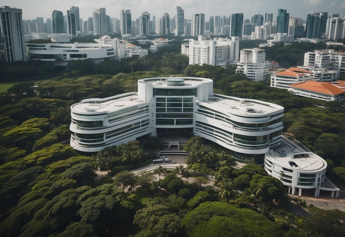 The iconic KK Hospital in Singapore stands tall with its modern architecture and lush greenery surrounding the building
