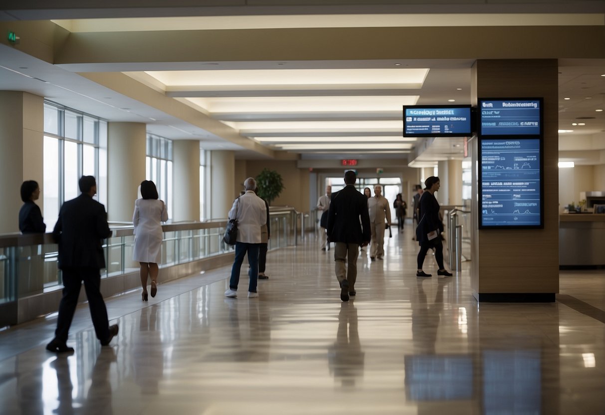 A bustling hospital lobby with signage for various medical specialties, including cardiology, oncology, and neurology. Patients and staff move about purposefully