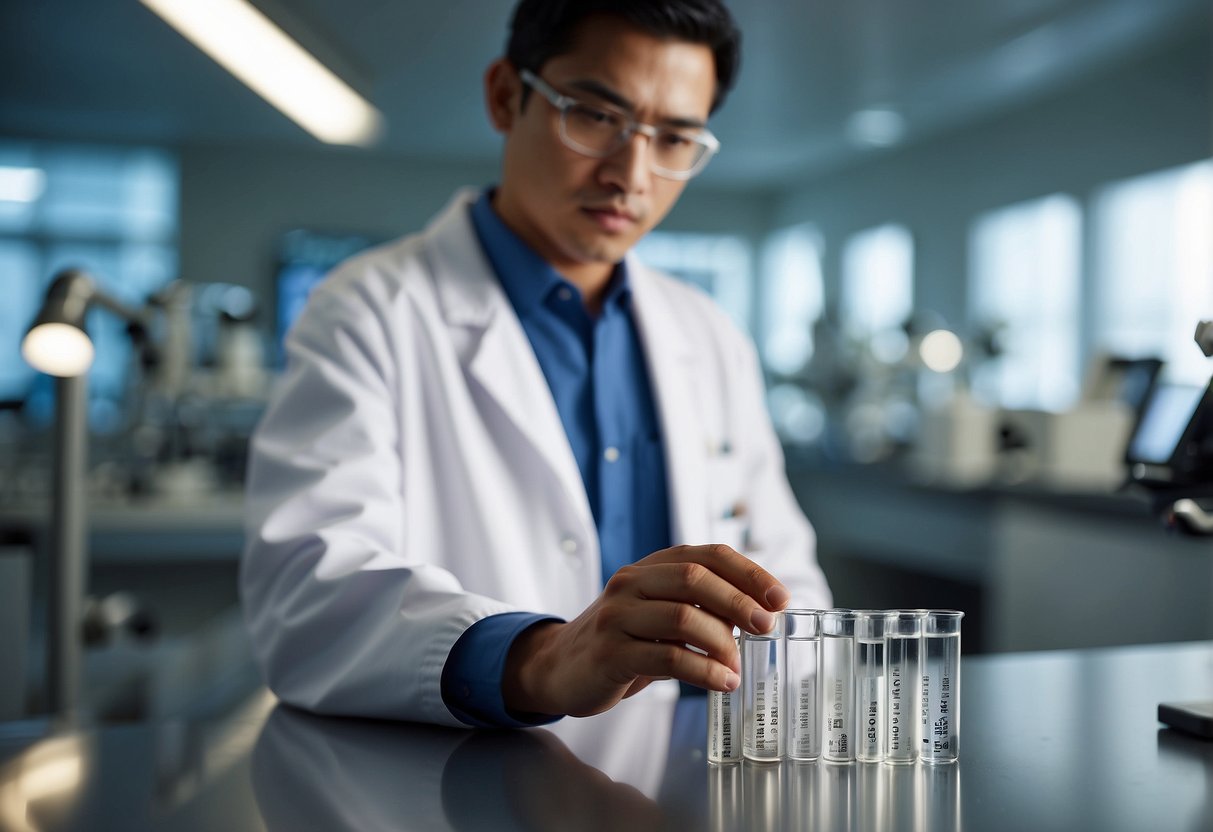 A scientist in a lab coat holds a test tube labeled "DNA test Singapore" while working at a laboratory bench with scientific equipment in the background