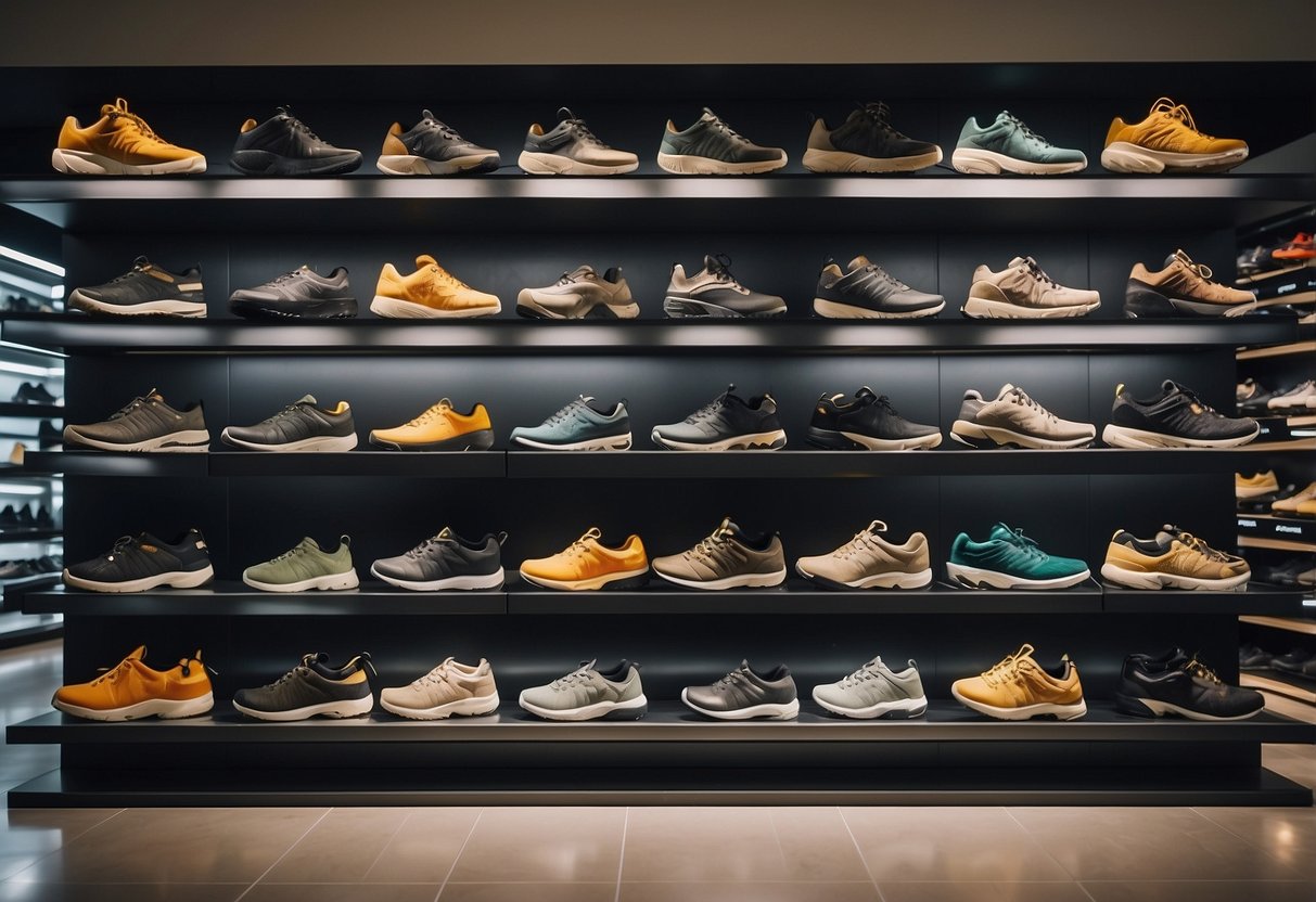 A display of top hiking shoe brands in a Singapore store, with prominent signage and shelves stocked with various styles