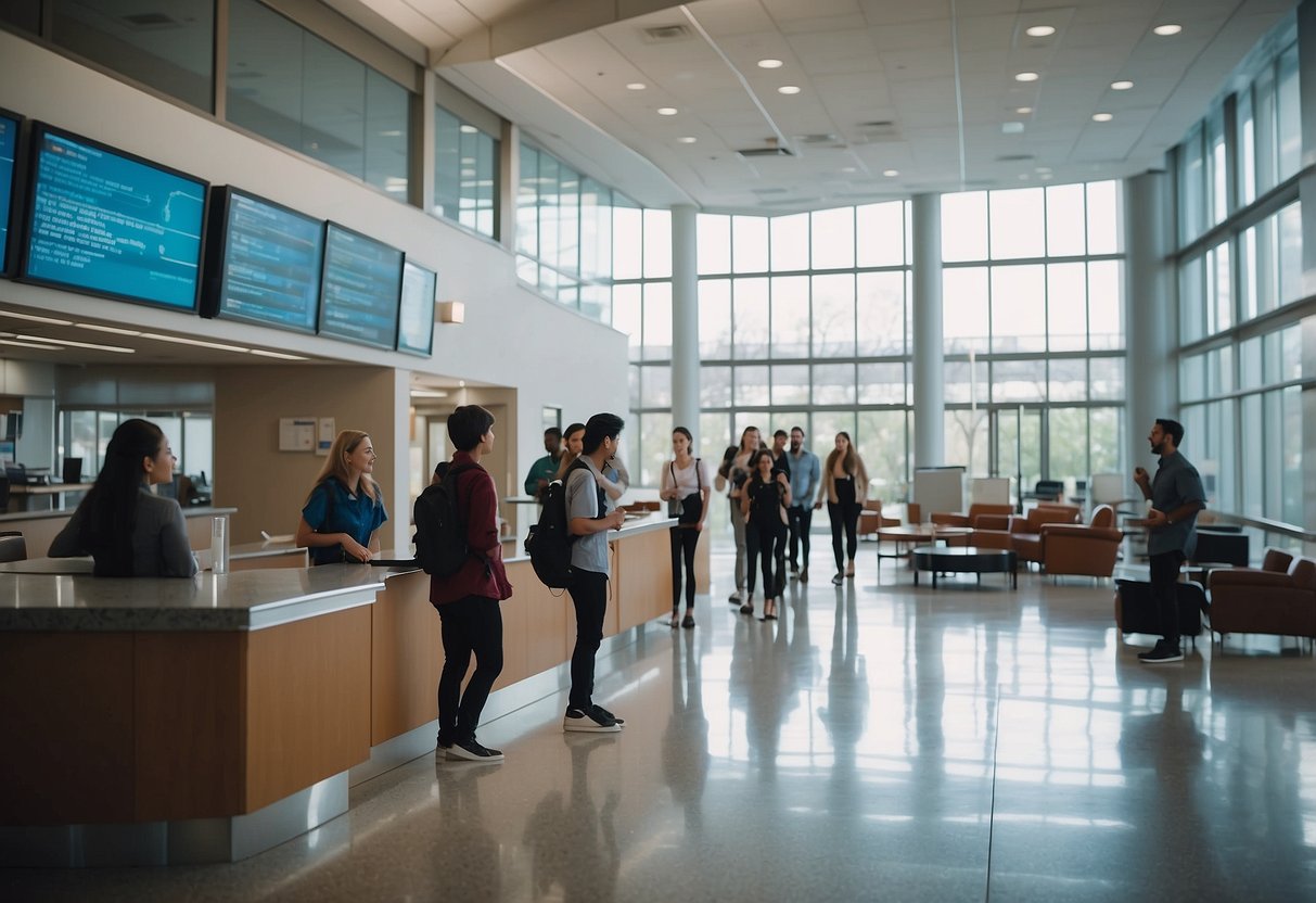 A bustling hospital lobby with students and researchers collaborating on innovative projects