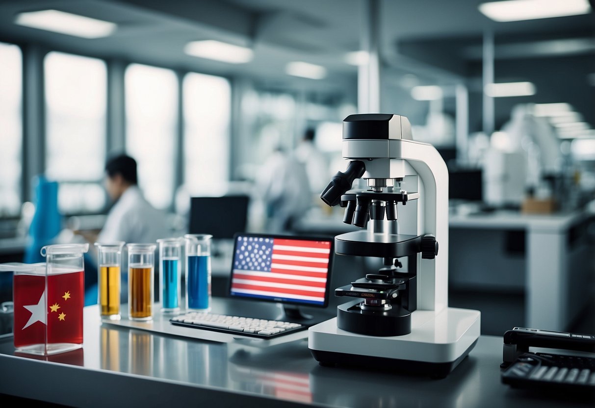 A laboratory setting with DNA testing equipment and Singaporean flags in the background