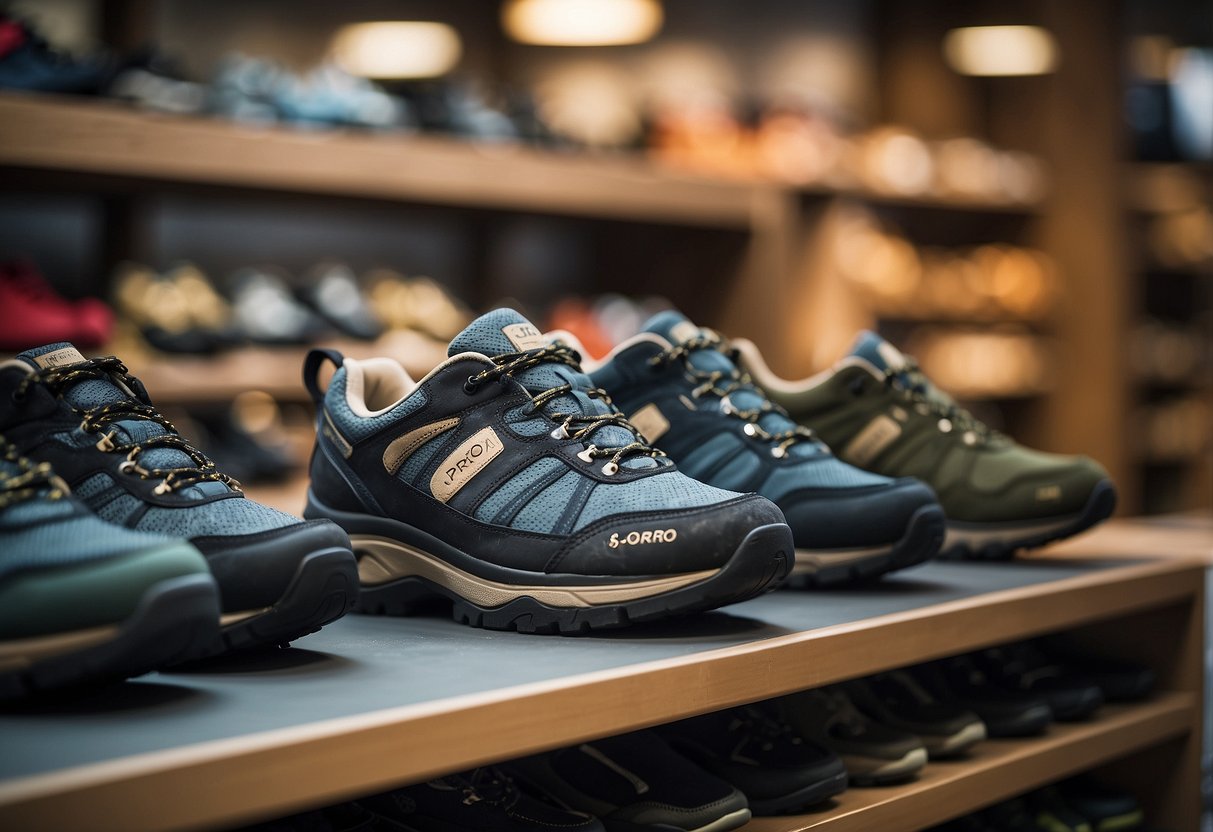 Hiking shoes displayed on a store shelf in Singapore, with a sign reading "Frequently Asked Questions" above them