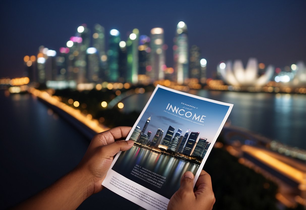 A person in Singapore reads a brochure on income insurance, with a skyline of the city in the background