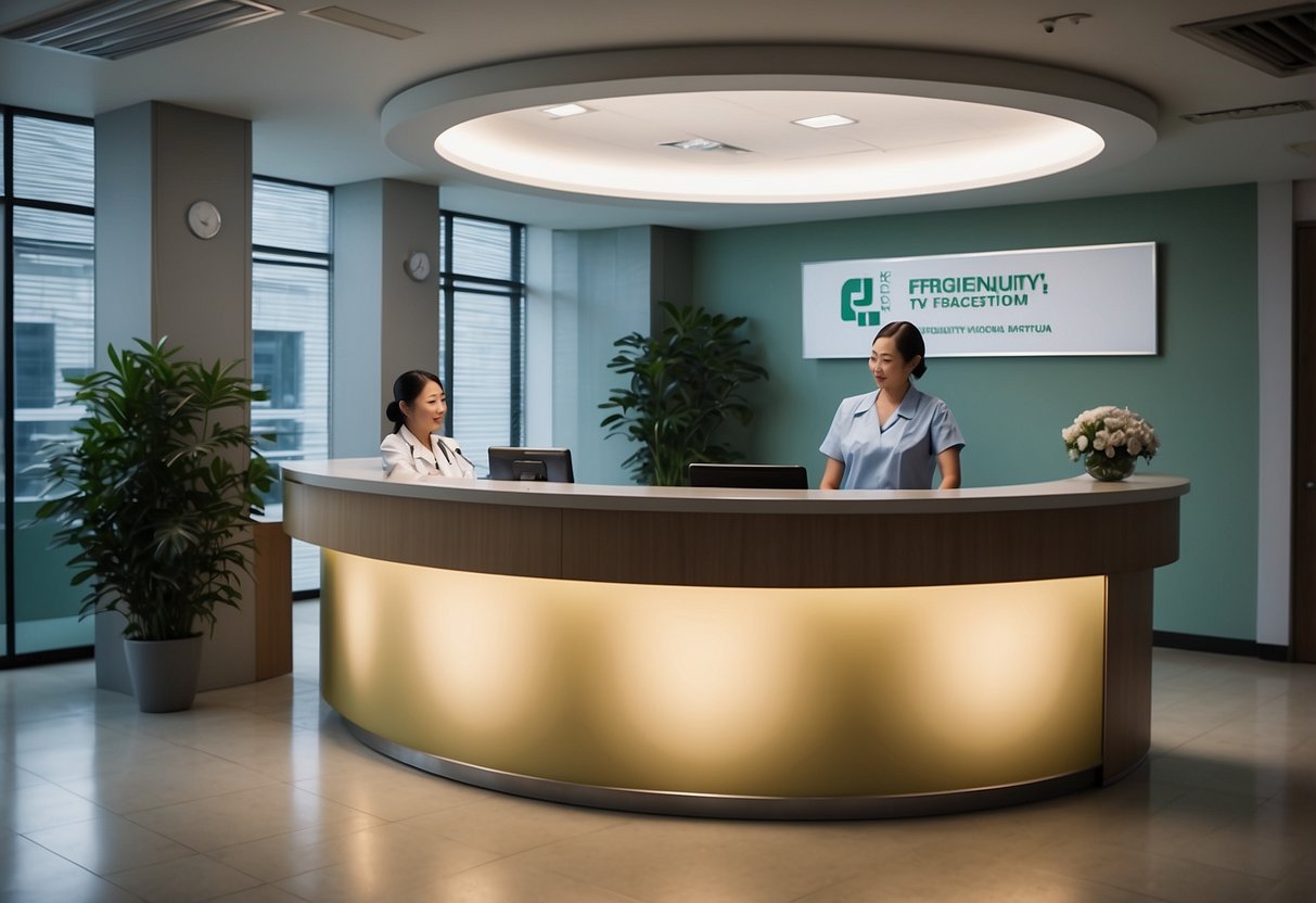 A reception desk with a sign "Frequently Asked Questions" at KK Hospital Singapore. Patients waiting in chairs, nurse assisting