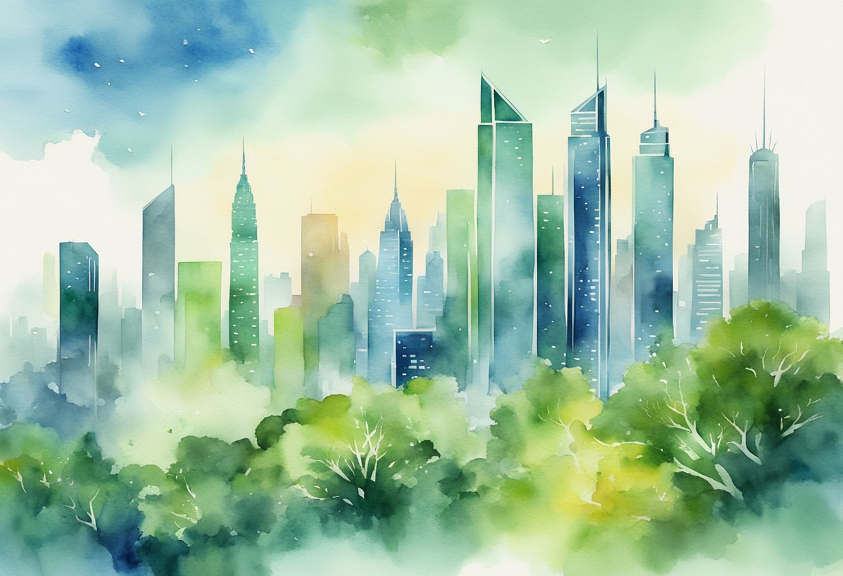 A bustling city skyline with futuristic skyscrapers and vibrant greenery, symbolizing innovation and growth in business excellence