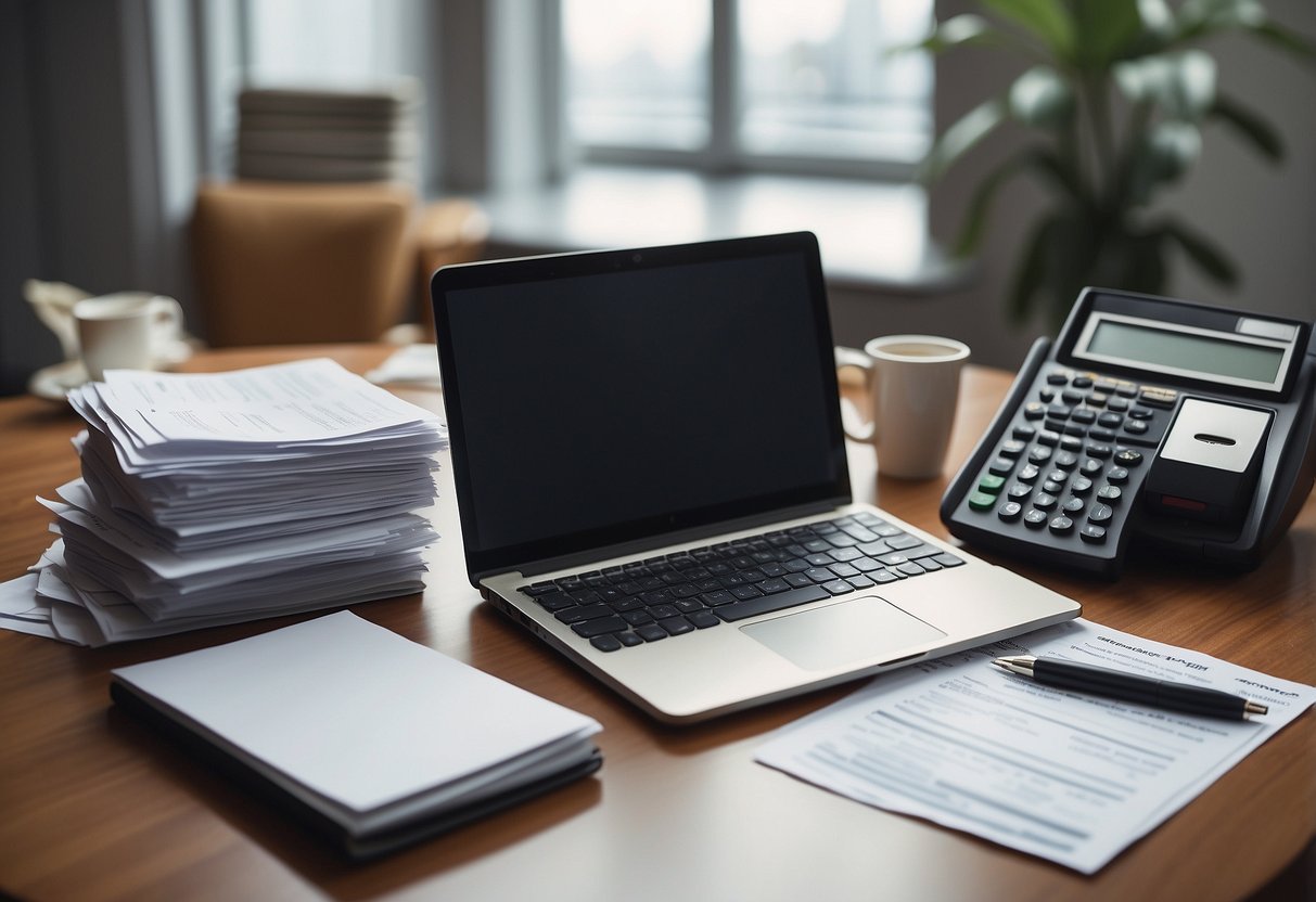 A table with a laptop, calculator, and insurance policy documents. A person writing notes and a stack of money in the background