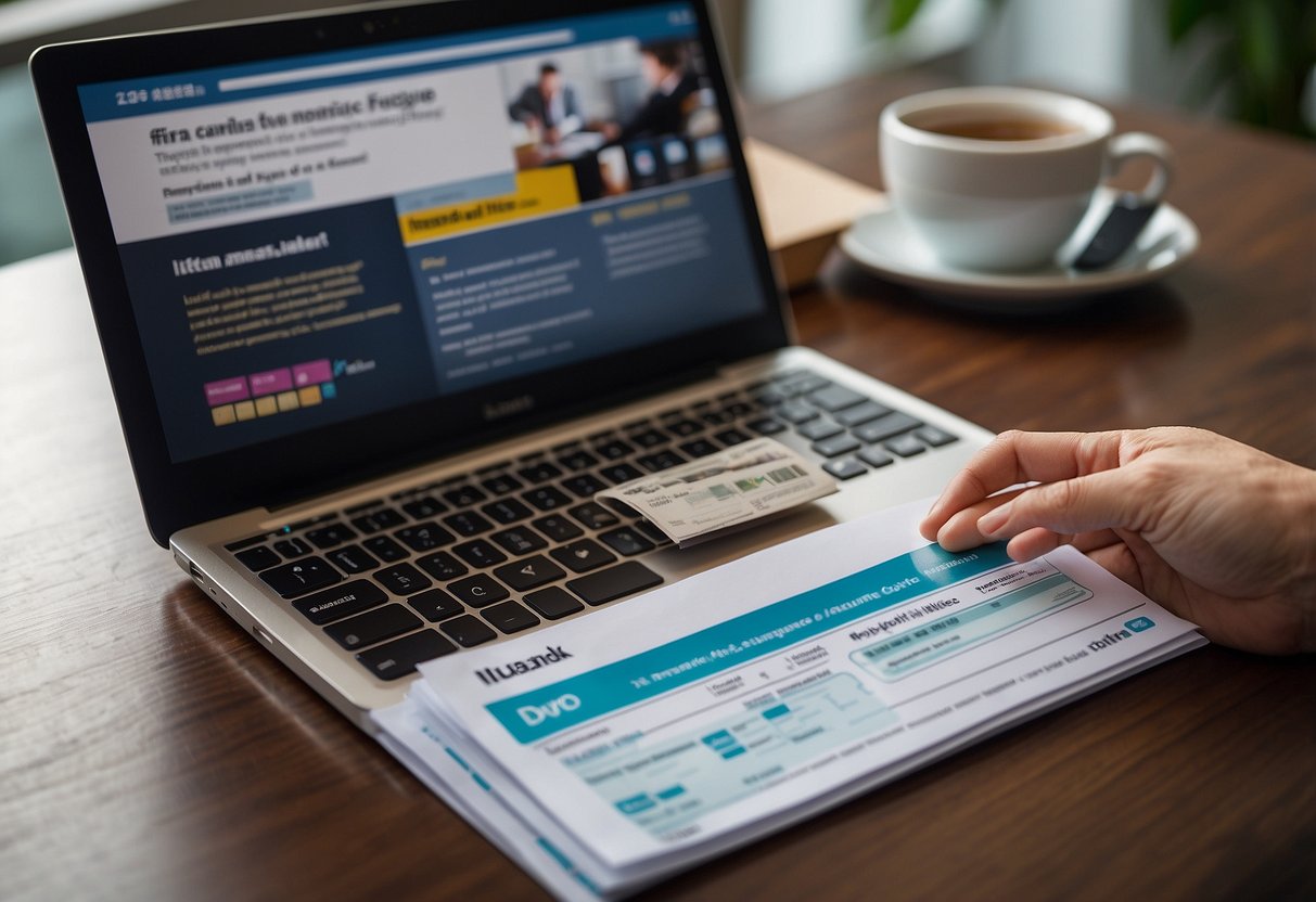 A person reading a brochure about income insurance in Singapore, with a laptop and calculator on the table