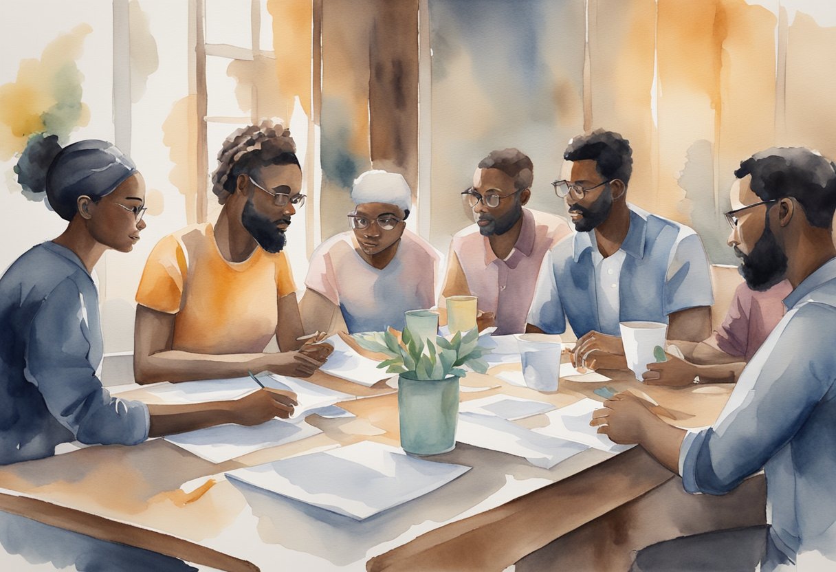 A group of diverse figures collaborate around a table, sharing ideas and working together towards a common goal. The atmosphere is energetic and focused, with a sense of unity and determination