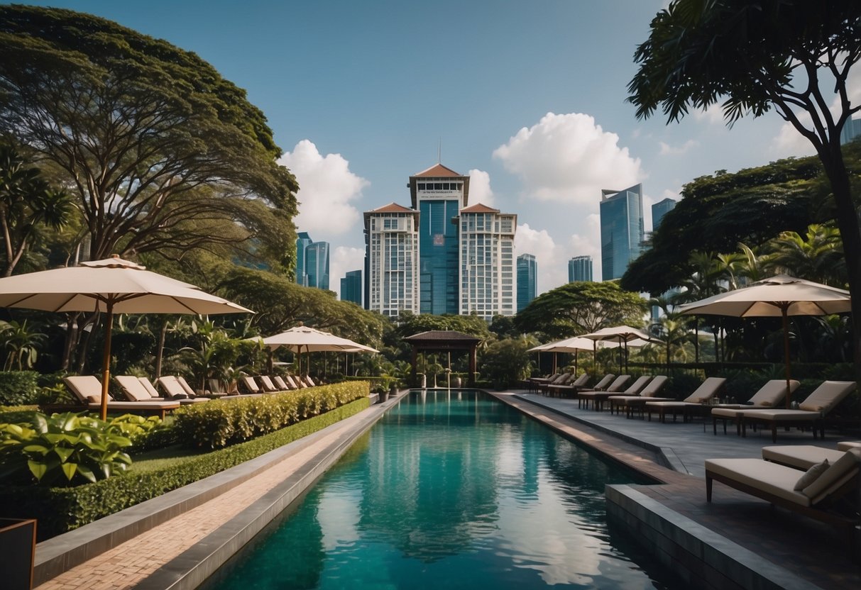 The grand estate Hilton Singapore stands tall amidst lush gardens and a sparkling pool, with the city skyline in the background
