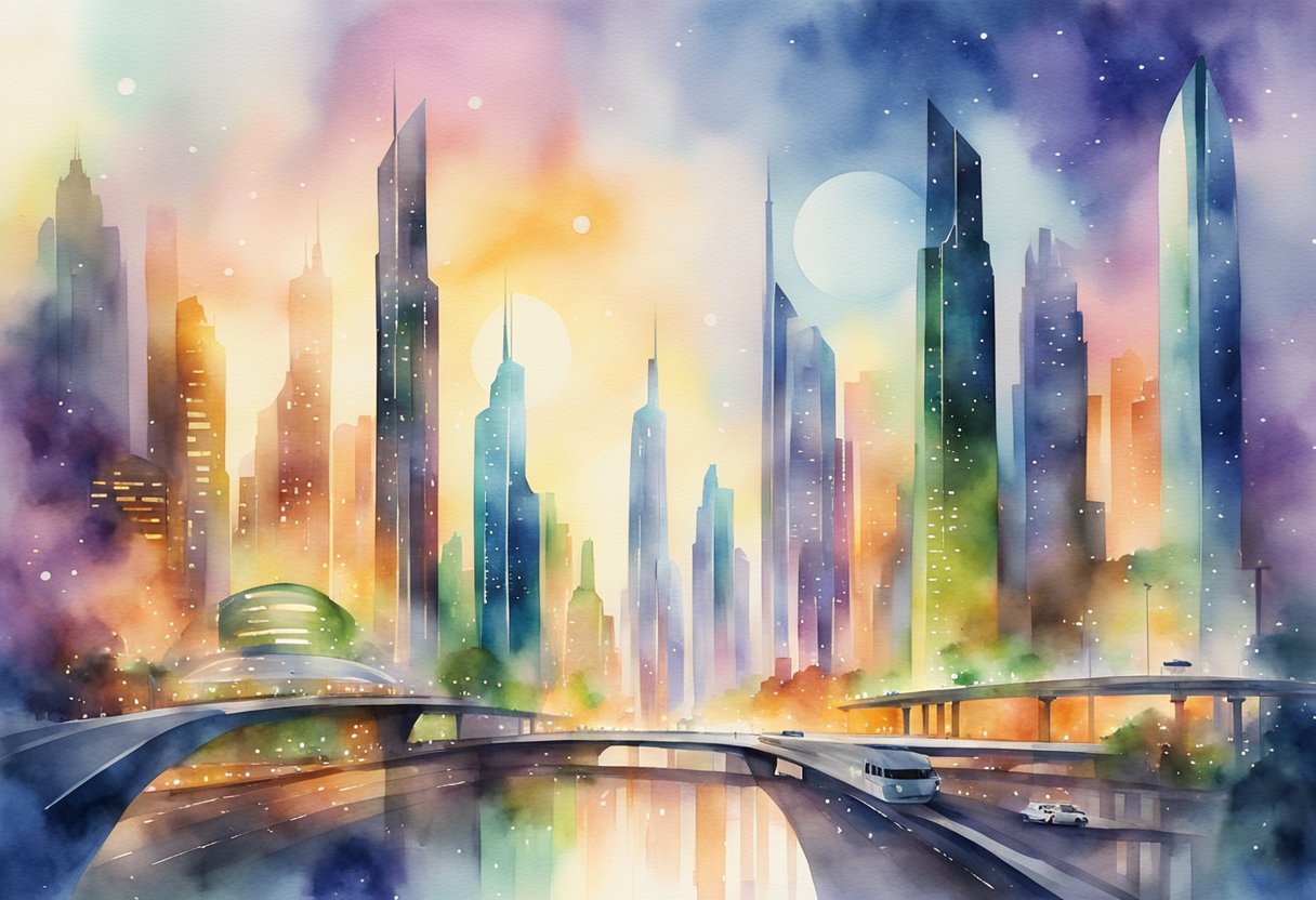 A futuristic city skyline with sleek, modern skyscrapers and advanced transportation systems. The buildings are illuminated with vibrant, energy-efficient lighting