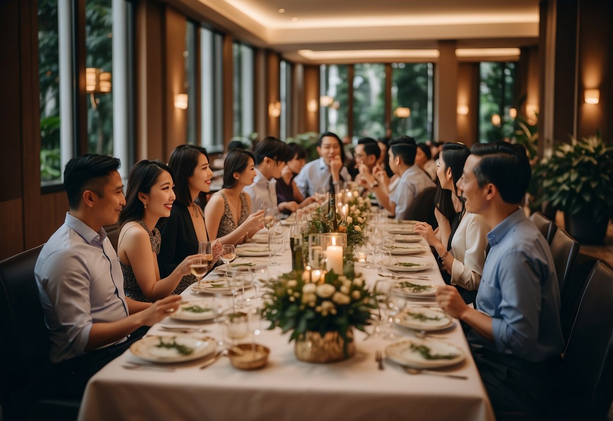 Guests dining at Estate Hilton Singapore, surrounded by elegant decor and enjoying a delicious meal