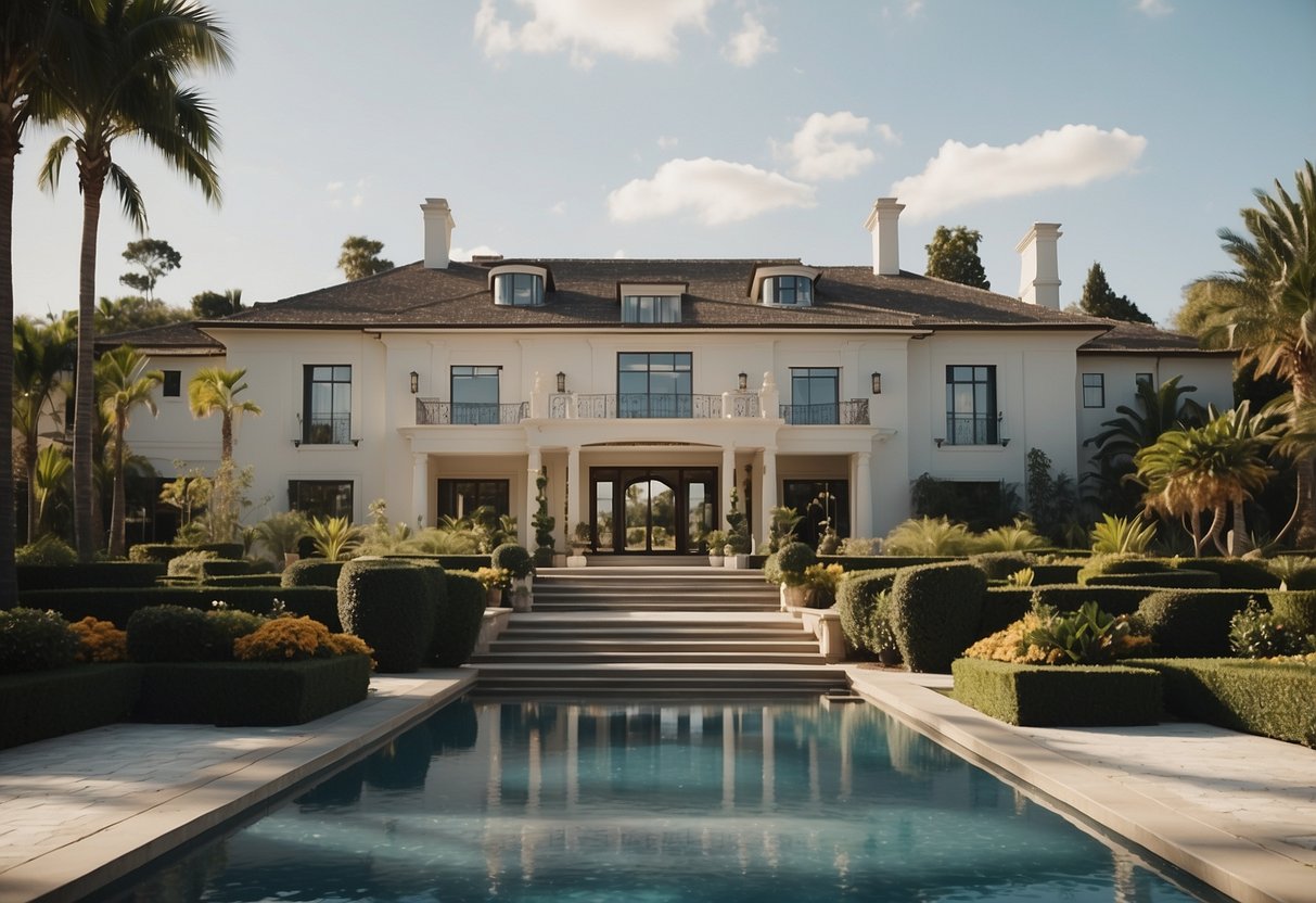 The estate features a grand entrance with lush landscaping, a sparkling swimming pool, and elegant outdoor seating areas. The modern architecture and luxurious amenities create a sense of opulence and relaxation