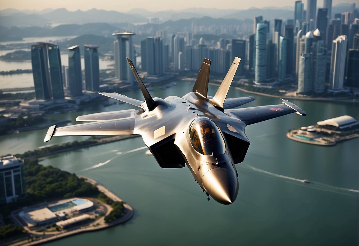 A sleek F35 fighter jet soaring over the iconic skyline of Singapore, with the city's modern architecture and bustling port below
