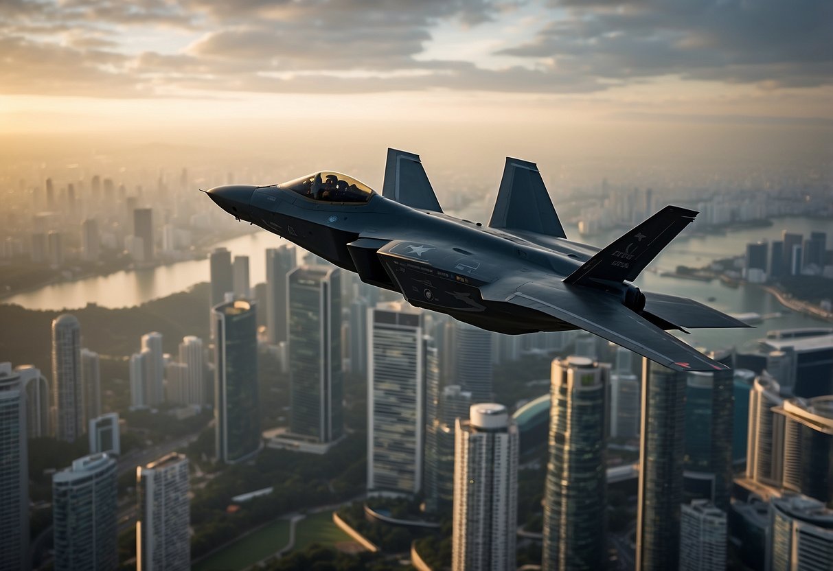 The F35 fighter jet flies over Singapore's skyline, showcasing its strategic impact and advanced capabilities