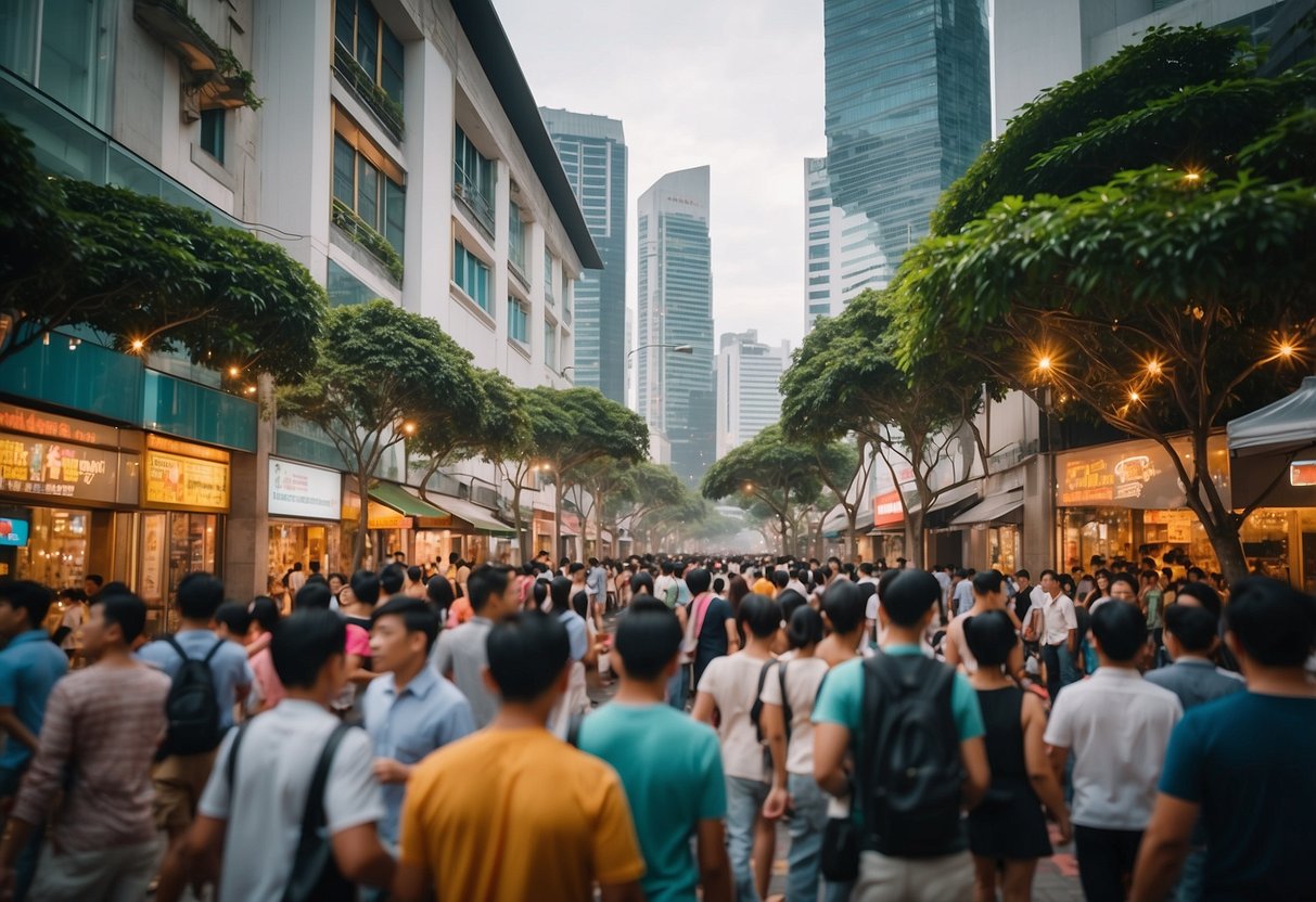 A bustling street in Singapore, with colorful shopfronts and bustling crowds, iconic landmarks in the background