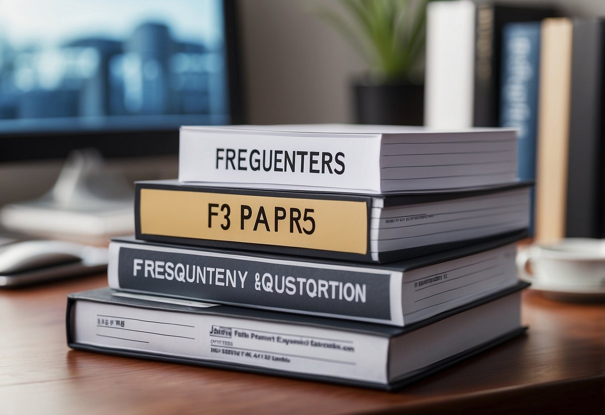 A stack of FAQ papers with "Frequently Asked Questions f35 singapore" printed on top, surrounded by a computer, phone, and office supplies