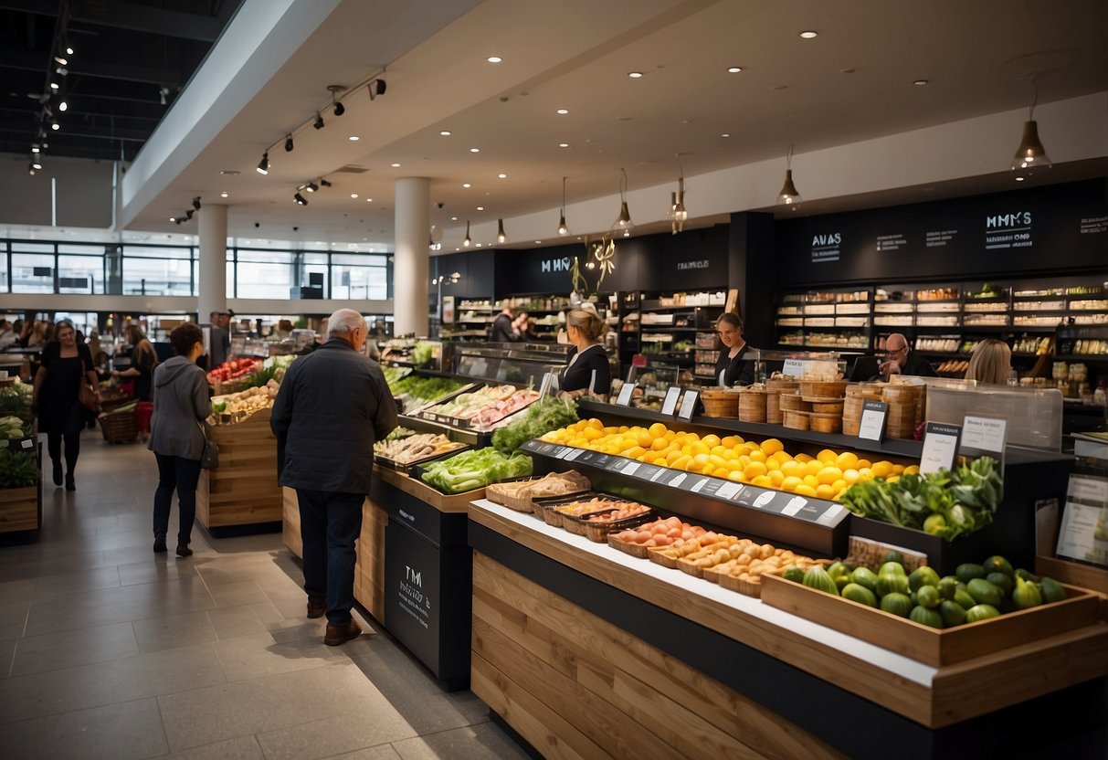 The M&S Food Hall bustles with customers browsing shelves of gourmet products and fresh produce. Shiny displays showcase a variety of delectable items, while staff members assist shoppers with their selections