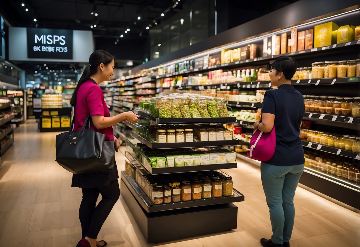 Customers browse shelves of M&S Beyond Food products in Singapore store. Vibrant packaging and organized displays create a visually appealing scene