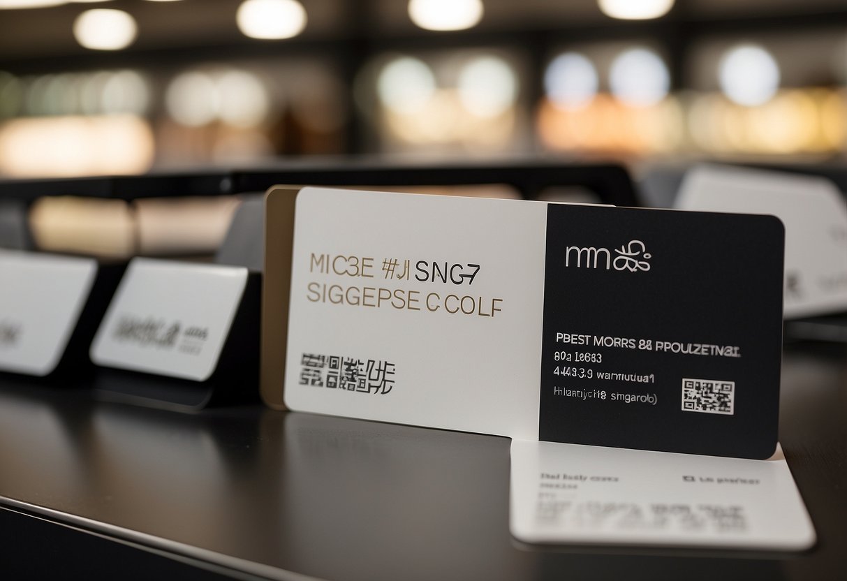 A stack of FAQ cards with the M&S Singapore logo, surrounded by customers browsing products and staff assisting
