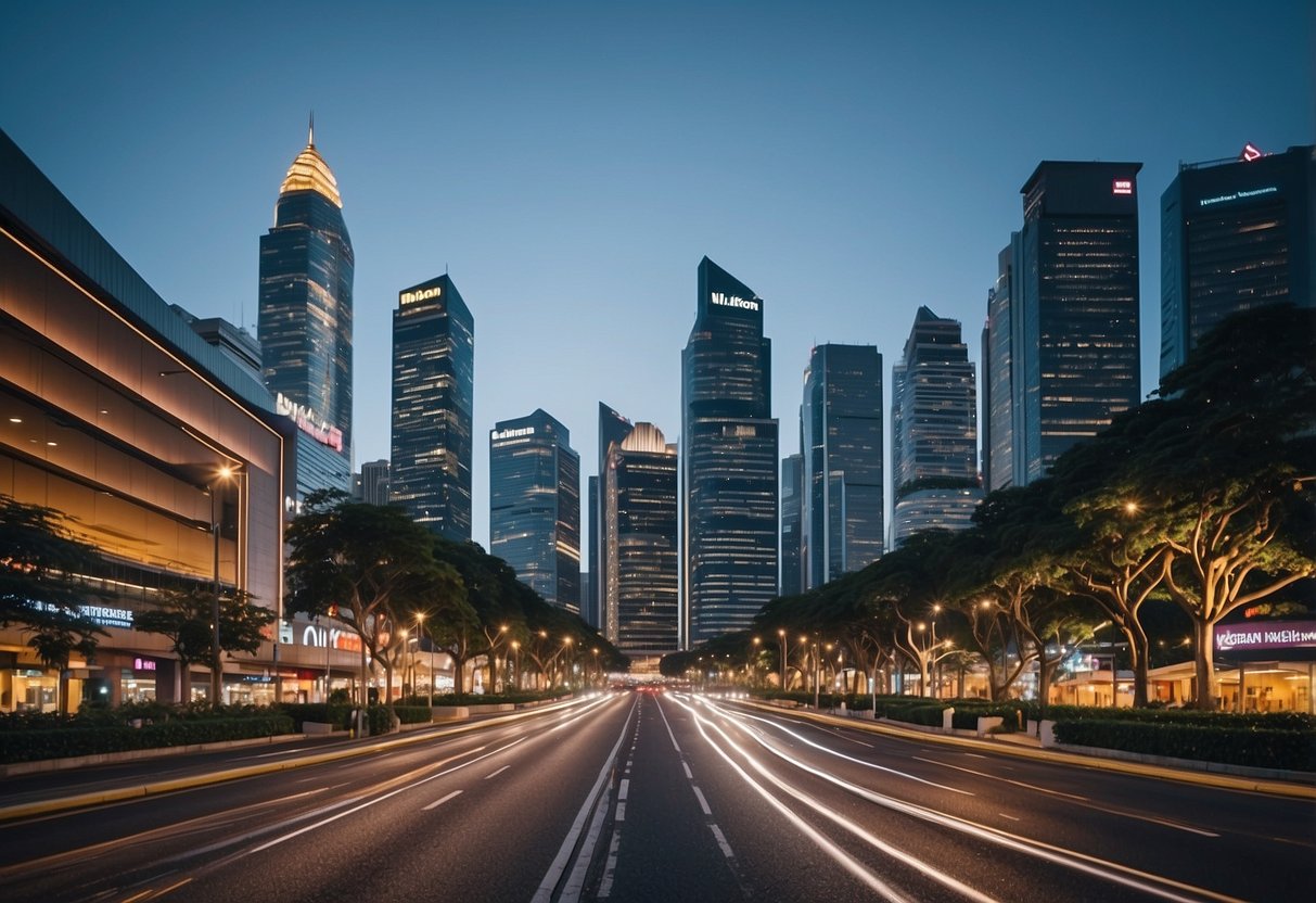 A bustling cityscape with iconic landmarks and vibrant street scenes in Nikon Singapore
