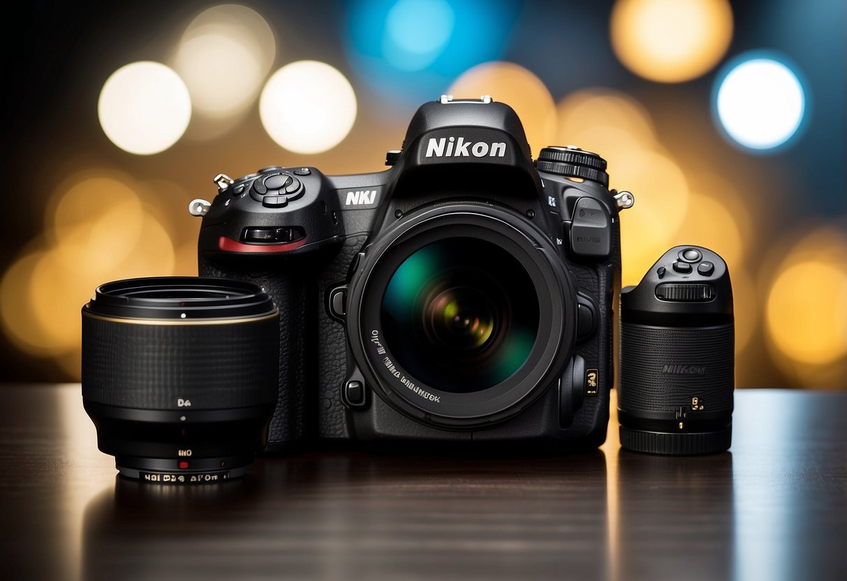 Nikon's mirrorless camera showcased with innovative features, surrounded by modern tech gadgets and a sleek, futuristic backdrop