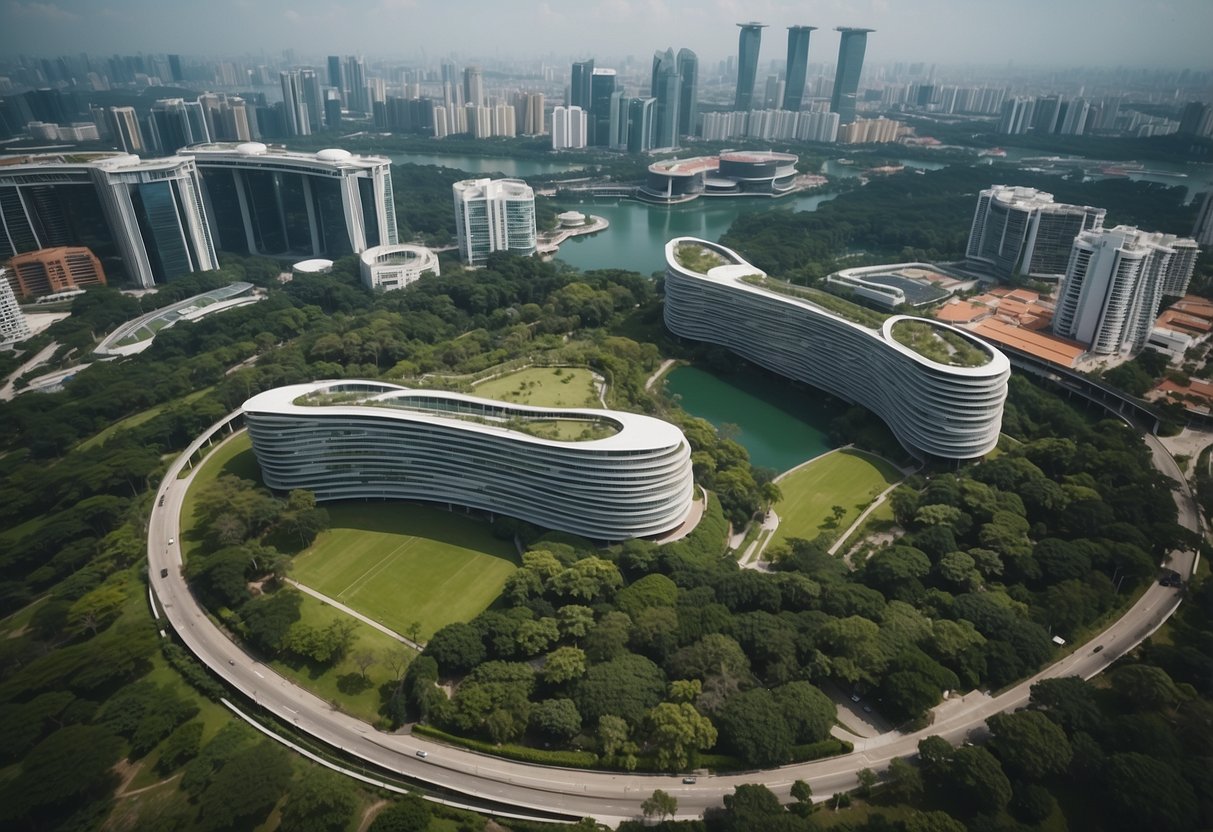 Aerial view of One Pass Singapore, with modern architecture and greenery