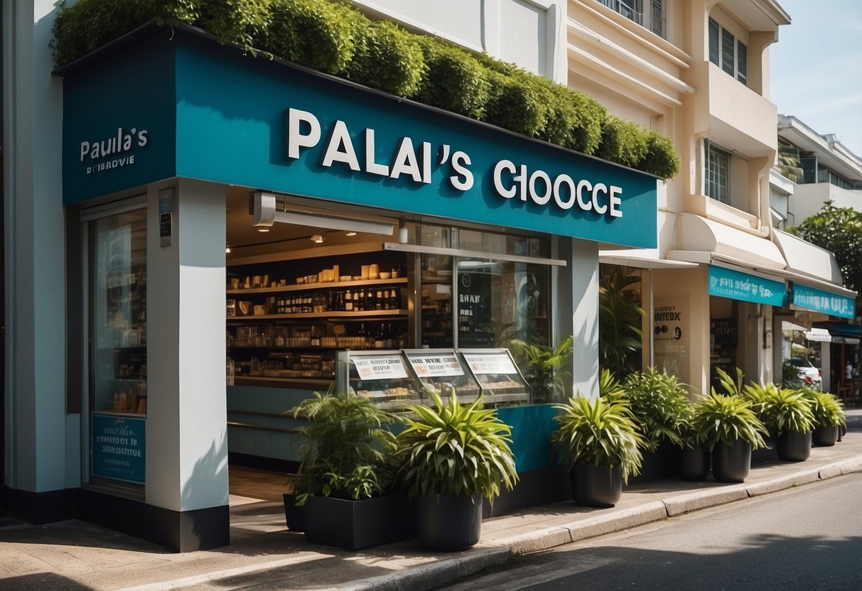 A storefront with "Paula's Choice Singapore" signage, surrounded by lush greenery and a clear blue sky