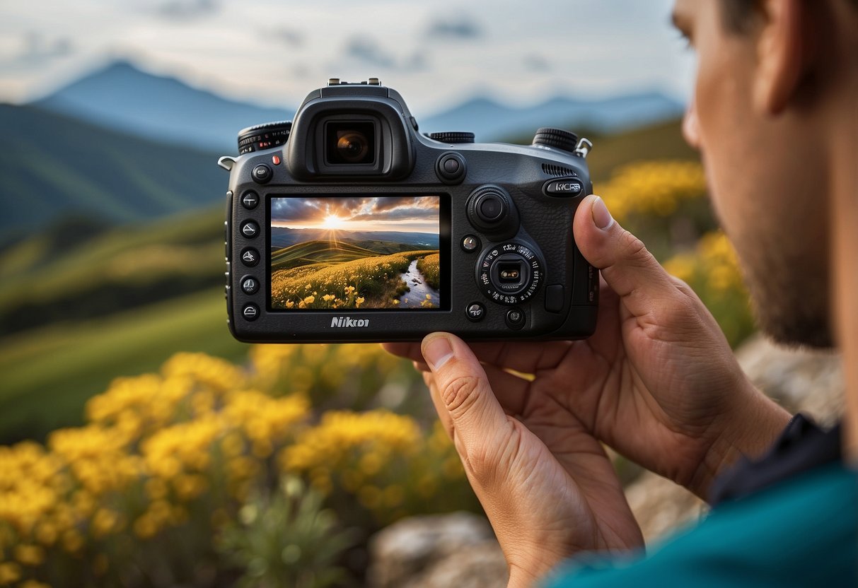 A person holding a Nikon camera, capturing a stunning landscape with vibrant colors and sharp details, showcasing the user-friendly interface and high-quality performance of Nikon products