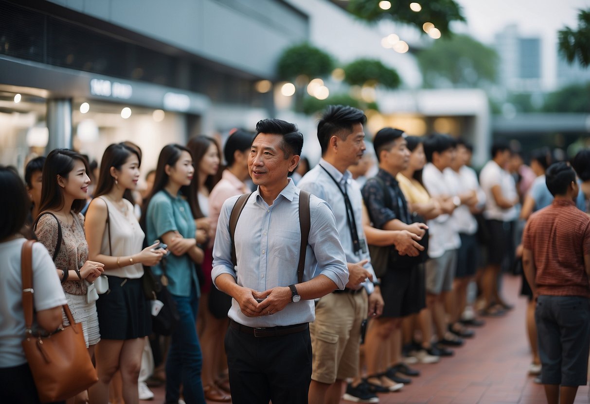 A line of people waiting to ask questions at a Singapore One Pass booth