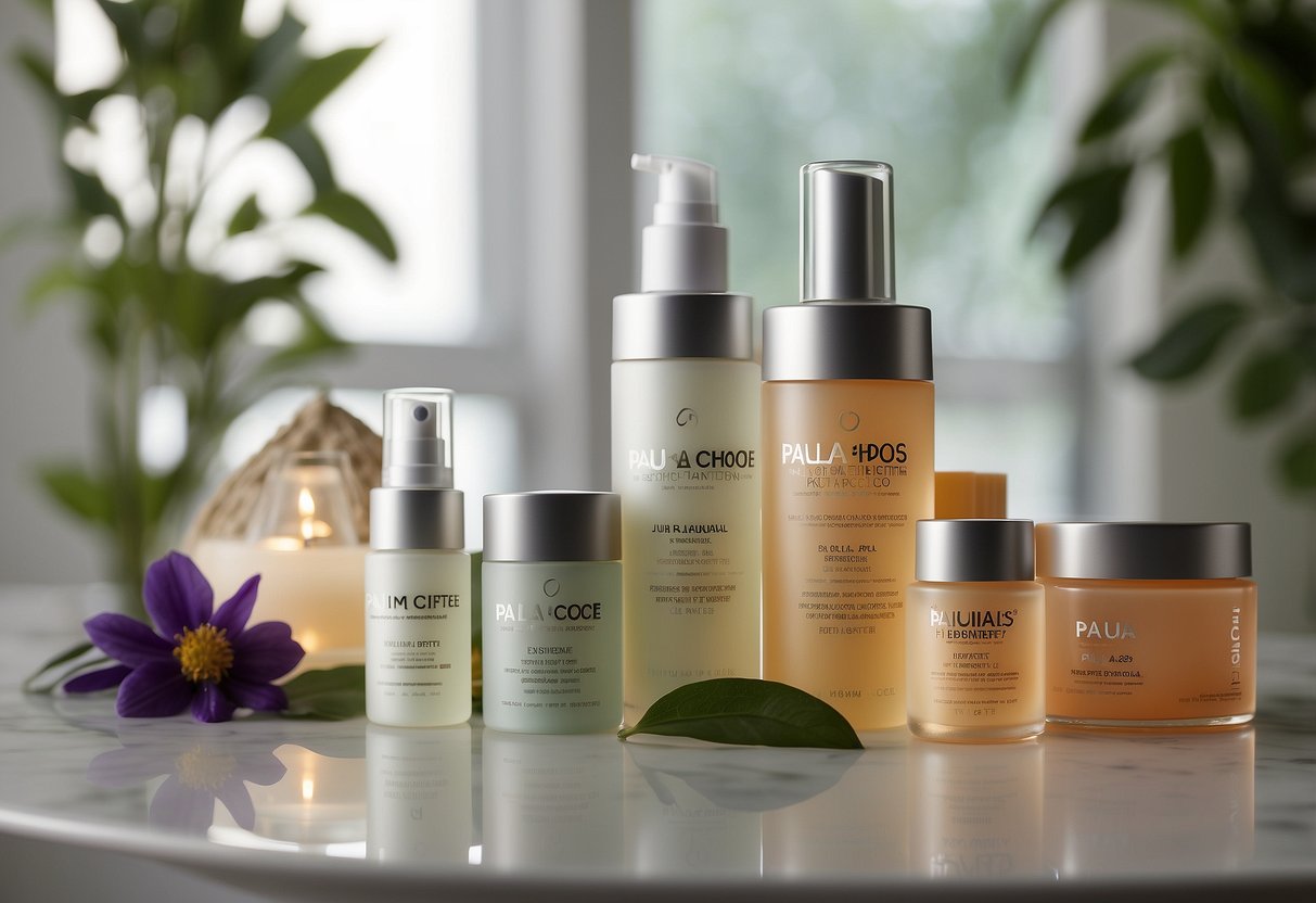 A table displaying various Paula's Choice skincare products and collections in a well-lit room with clean, modern aesthetics