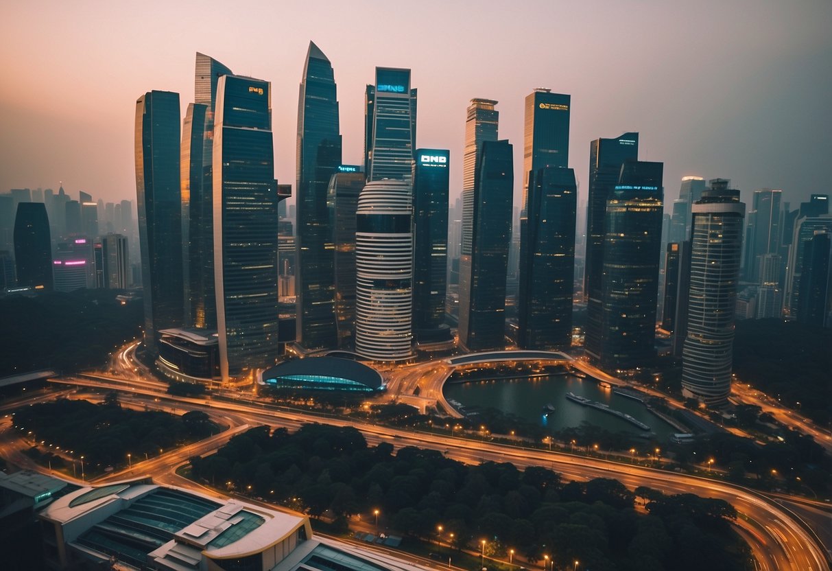 A bustling cityscape with iconic skyscrapers and the distinctive architecture of PNB Singapore