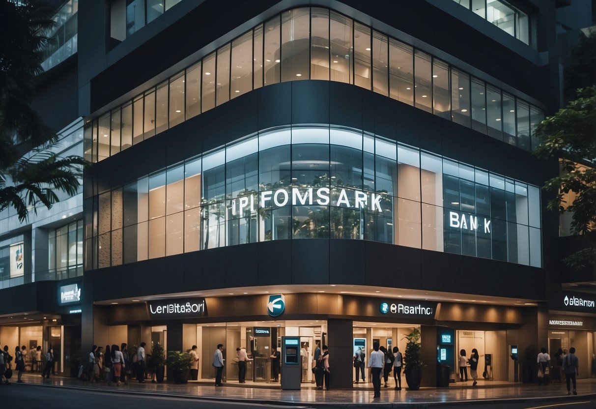 A bustling Singapore street with a modern bank branch, people entering and exiting, ATM machines, and the bank's logo prominently displayed