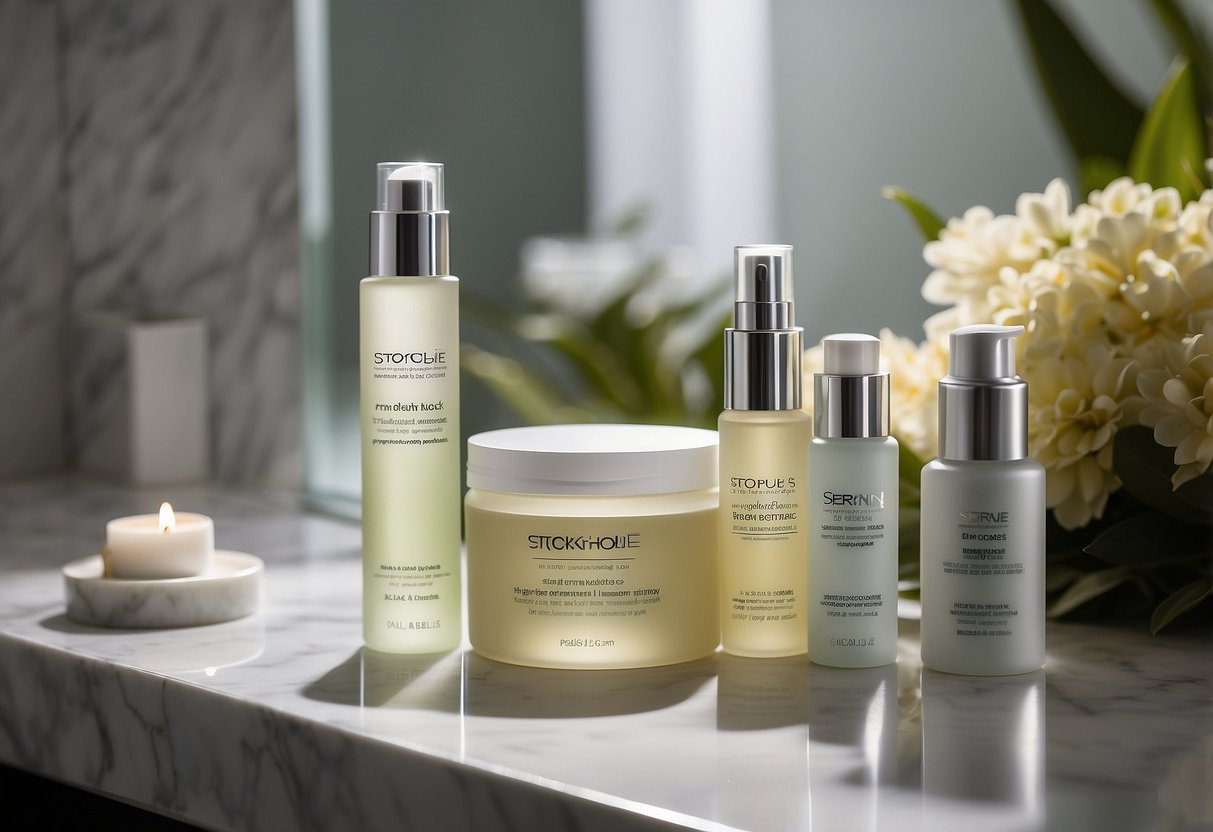 A serene skincare routine with Paula's Choice products laid out on a clean, minimalist vanity. Soft lighting enhances the calming atmosphere