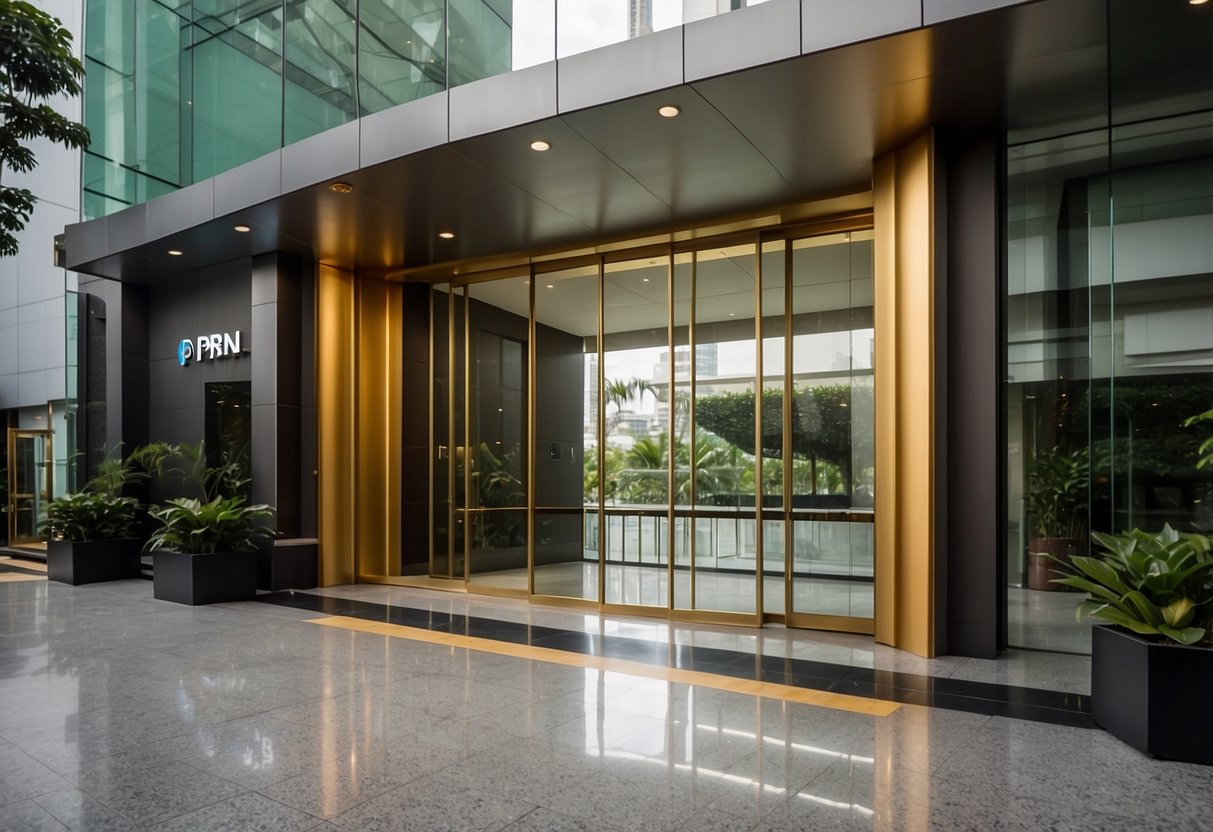 The entrance of PNB Singapore, with a wide, ramped pathway leading to automatic sliding doors for easy accessibility and convenience
