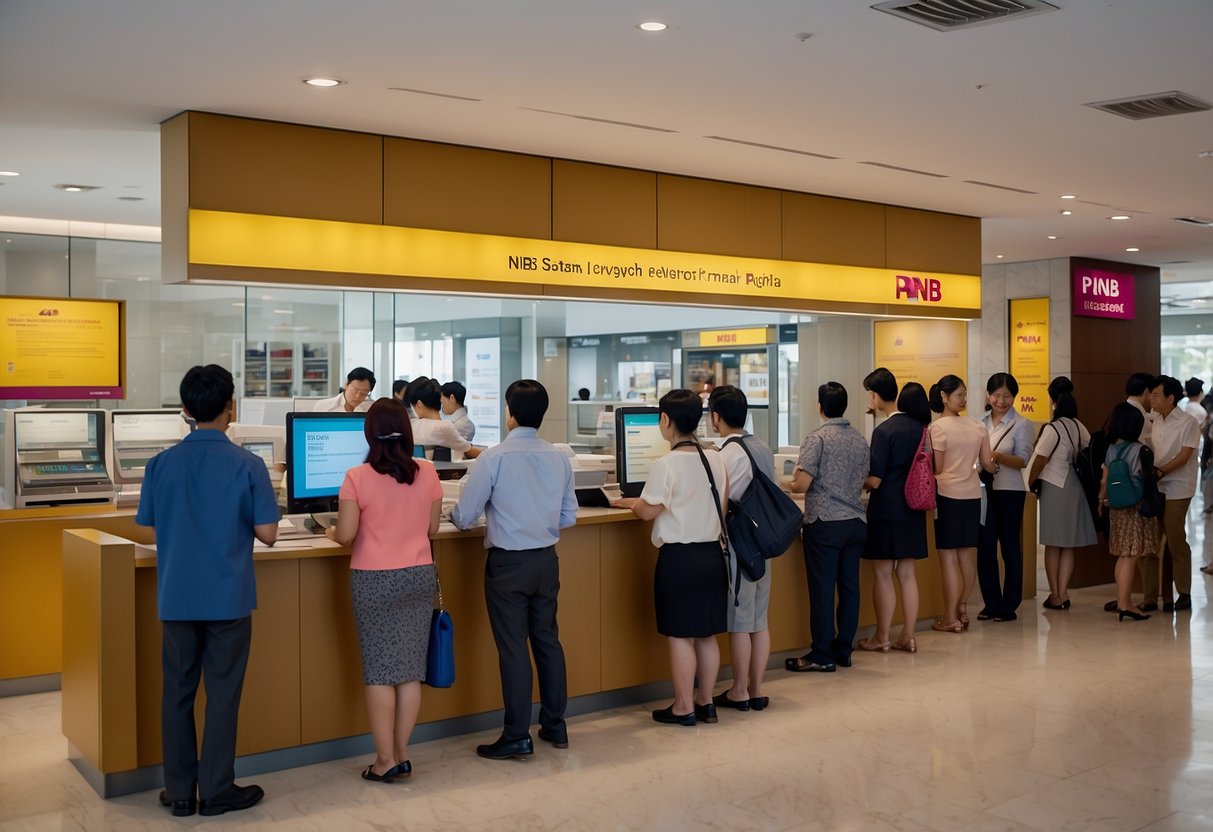 A crowded information desk with people queuing, signage, and staff assisting customers at the PNB Singapore branch
