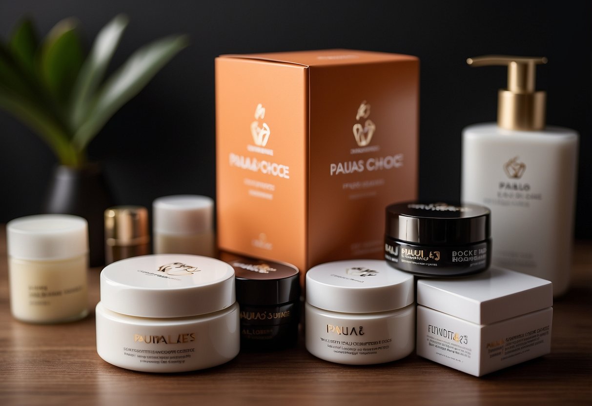 A stack of FAQ cards with "Paula's Choice Singapore" logo, surrounded by skincare products