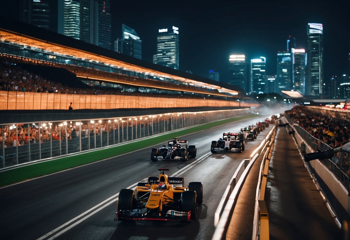 Formula 1 Singapore timetable: Night race track with illuminated buildings, cars racing under bright lights, and a crowded grandstand
