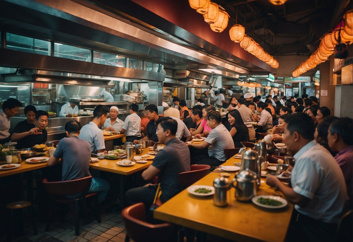 A bustling restaurant in Singapore, filled with vibrant colors and the aroma of sizzling street food. Tables are crowded with locals and tourists, while the open kitchen showcases chefs skillfully preparing traditional dishes