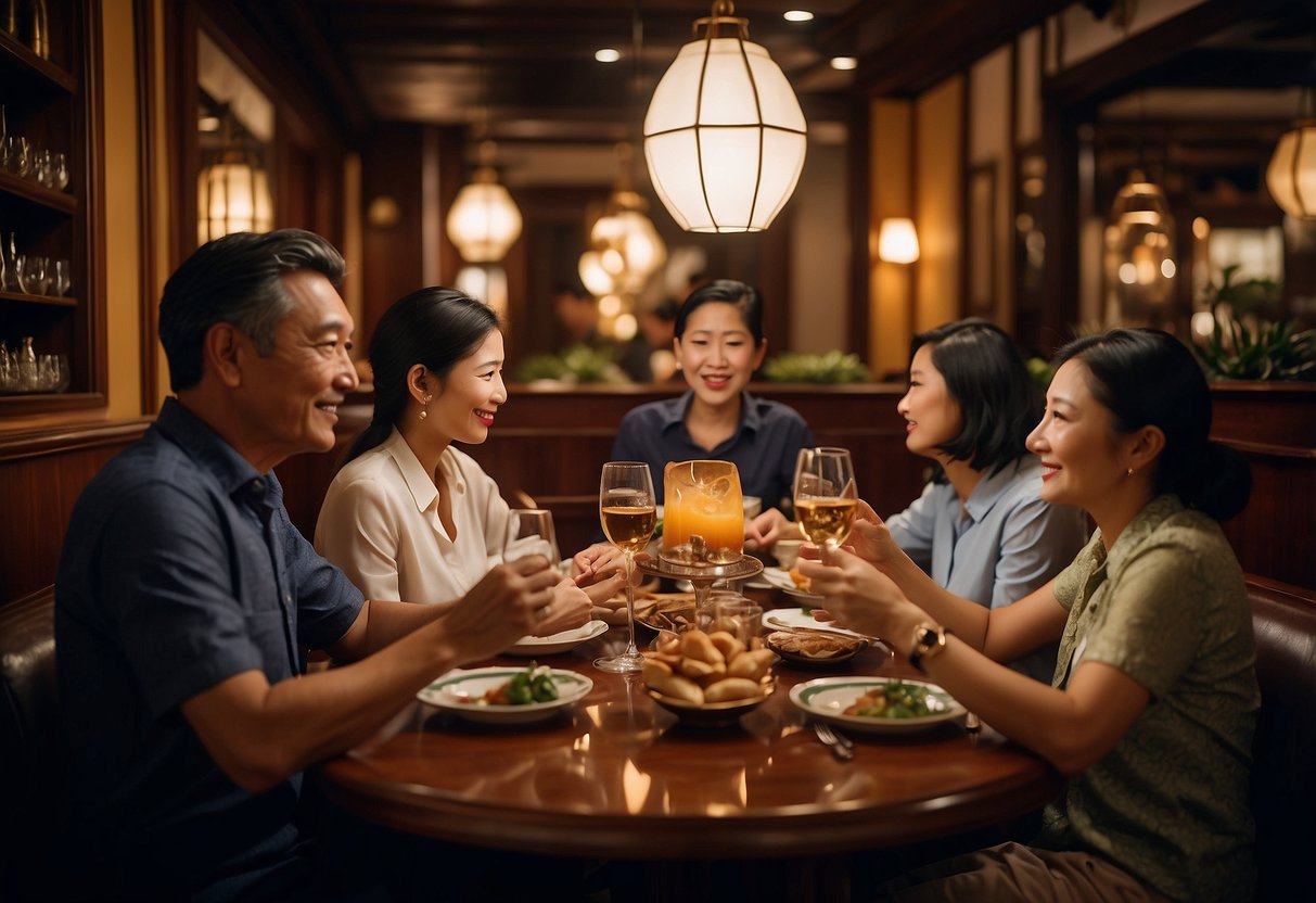 Customers savoring dishes at Gaig's restaurant in Singapore. The elegant interior features warm lighting and traditional Catalan decor