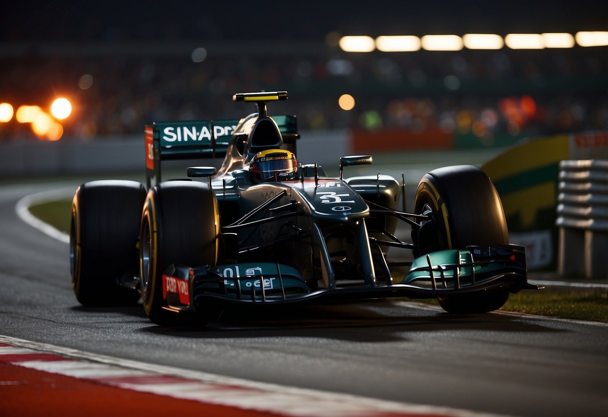 The Singapore F1 timetable shows cars racing under bright lights, with crowds cheering in the background